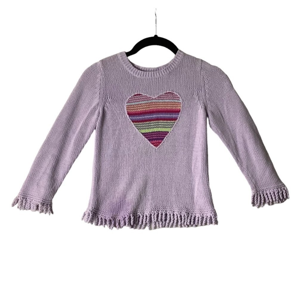 Talbots Kids Jacquard Heart Sweater Girly Small Purple‎ Knit Fringe Hem Lovecore